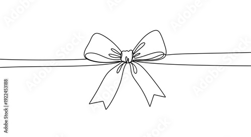 A simple line art drawing of a decorative bow tied on a horizontal ribbon, symbolizing gifts and celebrations.