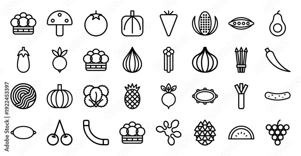 Fototapeta premium Fresh organic produce and healthy lifestyle food icons. Technical monoline pictograms of fruits and vegetables for grocery apps and nutritional guides.