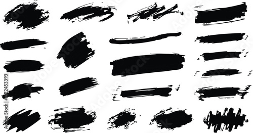 The image shows a collection of clean black brush stroke designs. This contrast highlights the different styles and techniques of the strokes,