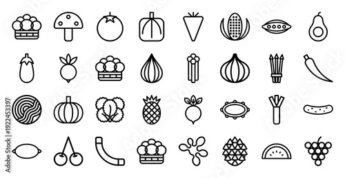 Fresh organic produce and healthy lifestyle food icons. Technical monoline pictograms of fruits and vegetables for grocery apps and nutritional guides.