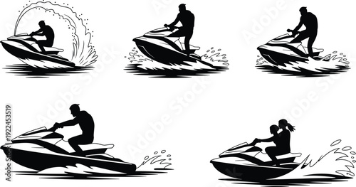 Silhouette illustration of jet ski icons featuring riders in dynamic poses with splashes, sharp turns, and tandem riding for water sports and recreation themes