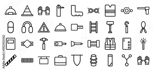 Industrial safety and construction site equipment pictograms. Minimalist monoline icons featuring protective gear, worker tools, and hazard warning symbols.