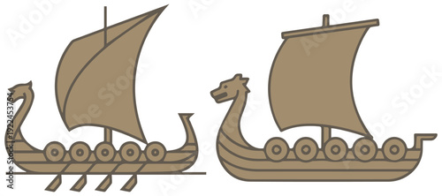 Pair of simple brown viking longboat illustrations with sails eps 10
