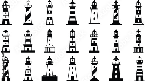 Silhouette illustration of lighthouse icons featuring diverse architectural styles, stripe patterns, and window placements for maritime, coastal, navigation, and nautical design themes