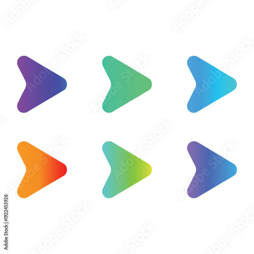 Colorful play buttons with vibrant gradients in purple green blue orange and teal arranged on a clean white background symbolizing media and entertainment