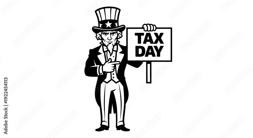Naklejka premium Uncle sam holding a sign that says tax day in a classic illustration style.