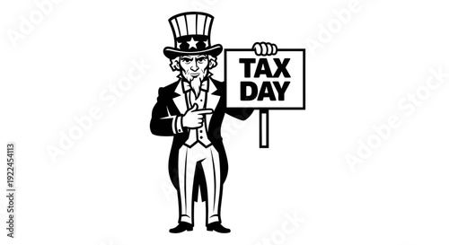 Uncle sam holding a sign that says tax day in a classic illustration style.