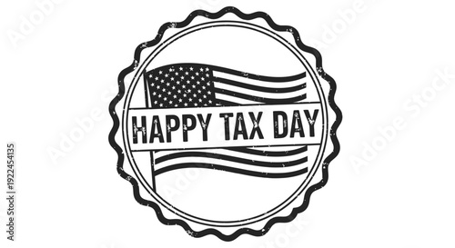 A black and white stamp with an american flag and the words happy tax day