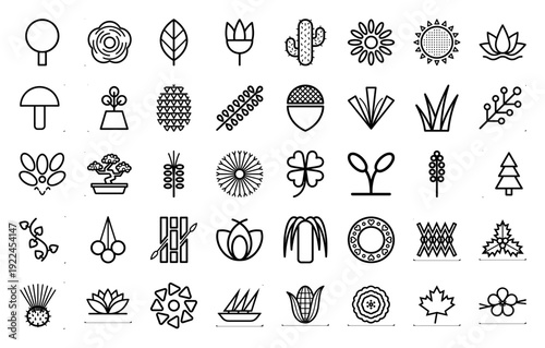 Botanical line art icons and nature elements for organic branding. Minimalist monoline pictograms featuring trees, flowers, succulents, and environmental symbols.