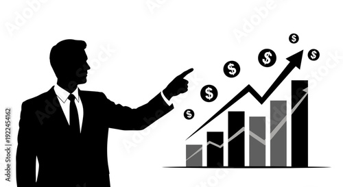 Businessman pointing at a graph showing financial growth and increasing profits.
