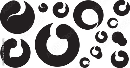 Black and white swirling shapes on a clean background