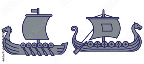 Two simple gray viking longboats with sails and oars eps 10