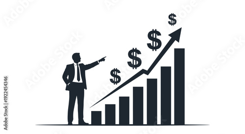 A businessman standing next to a rising bar graph with dollar signs and an upward trending arrow.