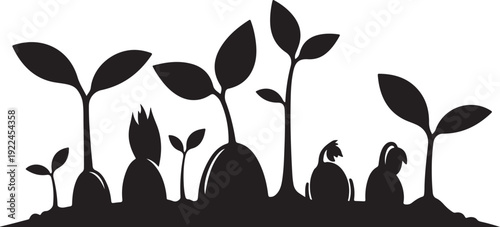 Black Silhouette of Seedlings Growing from the Ground Illustration