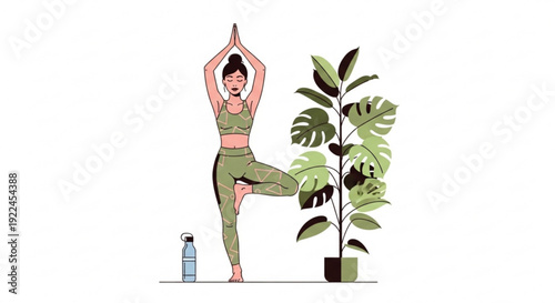 Woman in green outfit practicing yoga tree pose beside plant and water bottle