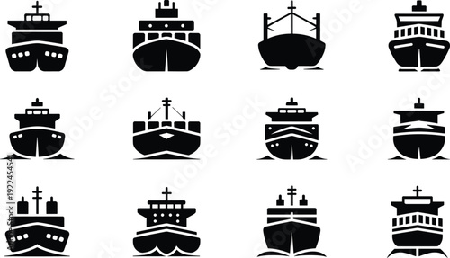 Silhouette illustration of ship icons viewed from the front including cargo vessels, cruise liners, and maritime boats with waves and deck structures for nautical design themes