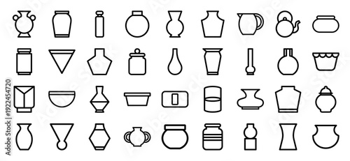 Ancient pottery and modern ceramic vessel silhouettes for interior design catalogs. Minimalist monoline icons featuring jars, vases, urns, and amphorae.