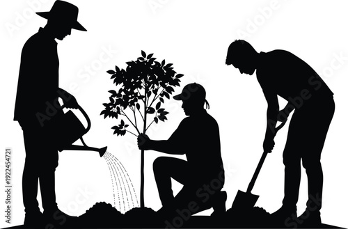 Silhouette of diverse people planting a young tree together to save the environment, reforestation concept for sustainability, community gardening and ecology.