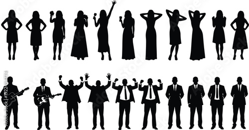 Silhouette of diverse professional people in suits, musicians playing guitar and women in elegant dresses, collection of lifestyle figures for design.