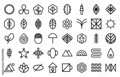 Sustainable energy and botanical nature icons in a heavy monoline style. Minimalist geometric symbols for eco-friendly branding and organic agriculture.