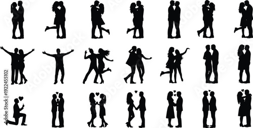 Silhouette of romantic couples in various poses including hugging, kissing, dancing and wedding proposal, collection of love and relationship lifestyle figures.Art & Illustration