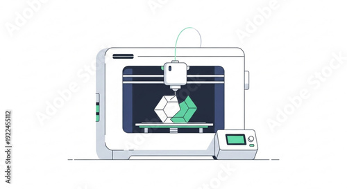 3d printer creating a green and white object on a build plate with a digital display