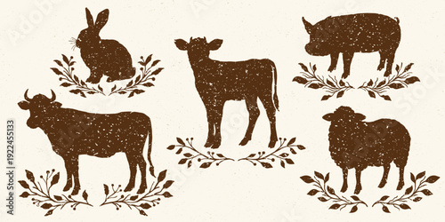 Hand-drawn farm animal vector set in rustic silhouette style with grain texture, cottagecore style, featuring cow, rabbit, calf, pig, and sheep with decorative branches, isolated elements