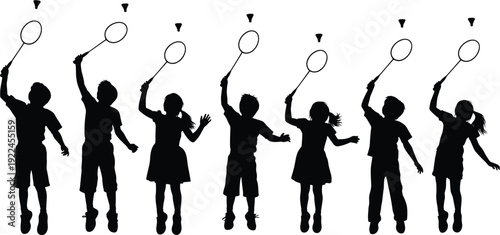 Silhouette of young boys and girls playing badminton and hitting shuttlecock, collection of active children figures for sports and school design.