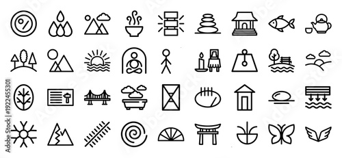 Zen lifestyle and Japanese cultural elements in a minimalist monoline aesthetic. Professional linear pictograms featuring meditation, nature, tea ceremony, and spiritual wellness concepts.