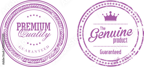 Two purple stamps with the words premium quality and genuine product on a white background
