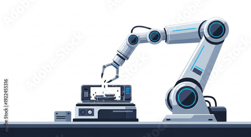 Industrial robotic arm assembling electronic equipment on a workstation with precision tools showcasing automation and manufacturing technology