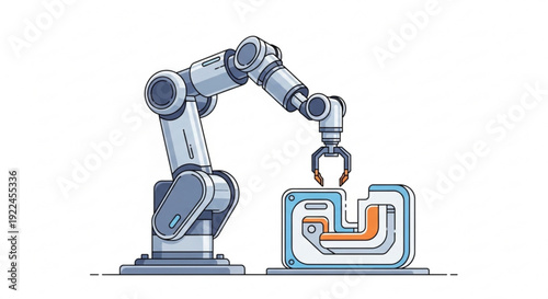 Industrial robotic arm lifting electronic circuit board component on white background with orange and blue details