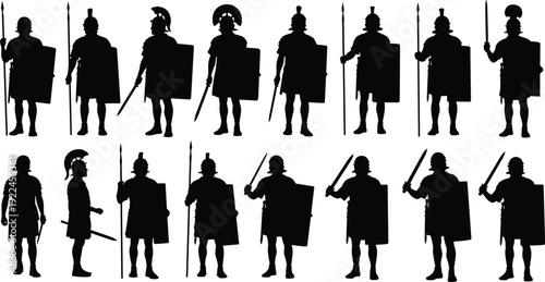 Ancient Roman soldier silhouettes collection, legionary warriors with shield and sword isolated on white background for historical design