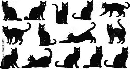 Set of black cat vector silhouettes featuring domestic felines in various poses including sitting, walking, stretching, and standing animal icons.