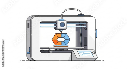 3d printer creating colorful hexagonal object with blue and orange hues in industrial setting