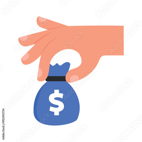 Hand picking up a blue money bag with a dollar sign vector illustration.