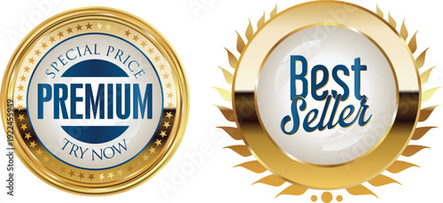 Two circular badges showcasing premium quality and best seller awards with golden and blue accents