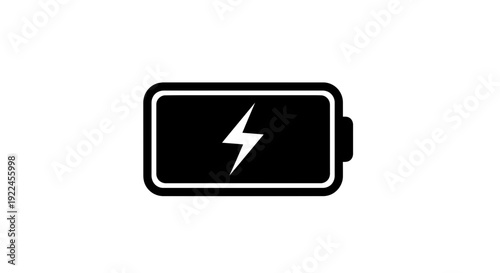 Black Battery Icon with Lightning Bolt Symbol.