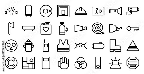 Emergency response and industrial safety equipment line icons featuring firefighting gear, security surveillance, and occupational protection elements.