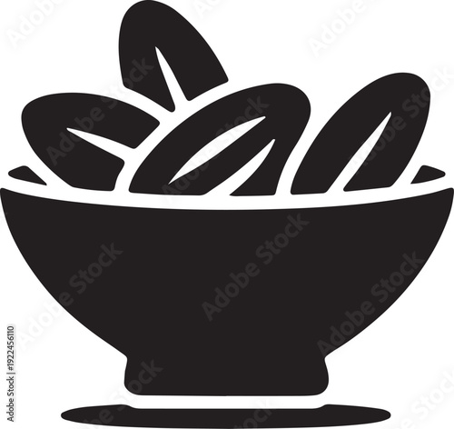 Black silhouette of a bowl filled with stylized green leaves or spinach black and white