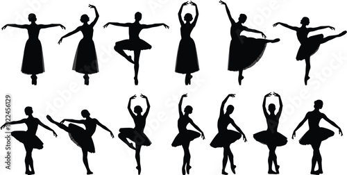 Ballet dancer silhouettes, classical ballet poses, tutu costume, graceful movement, arabesque position, pirouette stance, elegant posture, dance art, ballerina illustration, choreography design