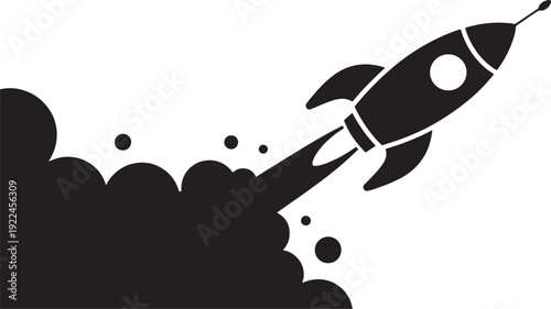 Black silhouette of a rocket launching with smoke and circles on a white background