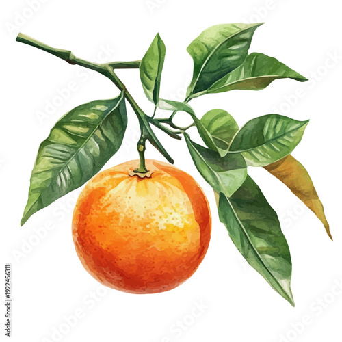 Tangerine On A Tree Branch, soft hand-painted watercolor illustration, isolated on a white background.