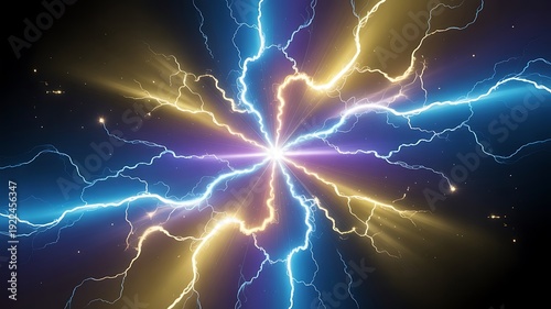 Radial burst of electric blue and golden yellow lightning strikes emanating from a central bright light