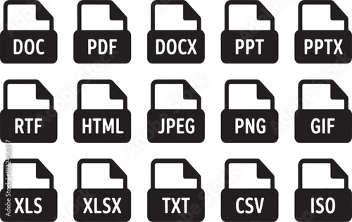 Collection of black and white file format including D O C P D F D O C X P T P T X R T F H T M L J P E G P N G I F X L S X L S X T X T C S V I S O