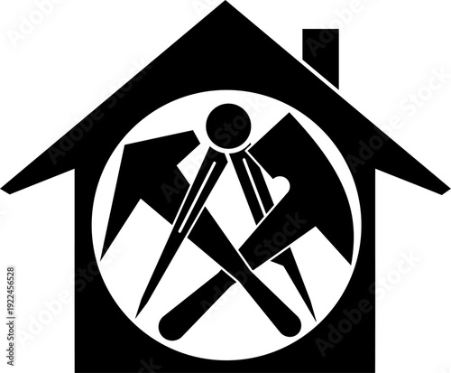 Haus, Dachdeckerwerkzeuge, Werkzeuge, Dachdecker, Logo, Icon, Aufkleber