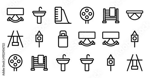 Outdoor playground and bathroom fixture line icons for interior design and urban planning. Technical monoline pictograms featuring swings, sinks, and park equipment.