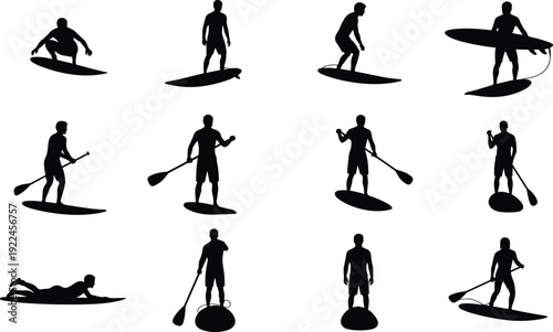 black silhouettes featuring male surfers performing advanced maneuvers, riding waves, and carrying surfboards.