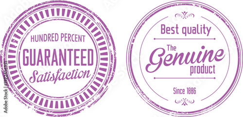 Two purple stamps showcasing guaranteed satisfaction and genuine quality product.