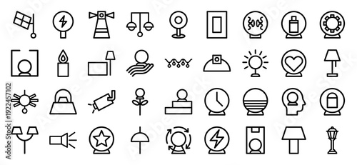 Modern illumination and electrical power line icons for smart home infrastructure. Professional monoline pictograms featuring lighting fixtures, energy efficiency, and industrial spotlight concepts.